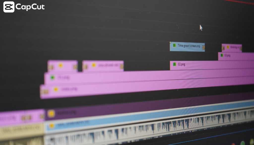 Screenshot of a CapCut video editing timeline, featuring multiple colored tracks and audio waveforms, indicating ongoing project work.